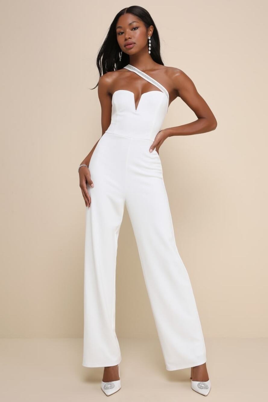 NWOT Lulus Sparkling Praise White Notched Rhinestone One-Shoulder Jumpsuit Sz XL